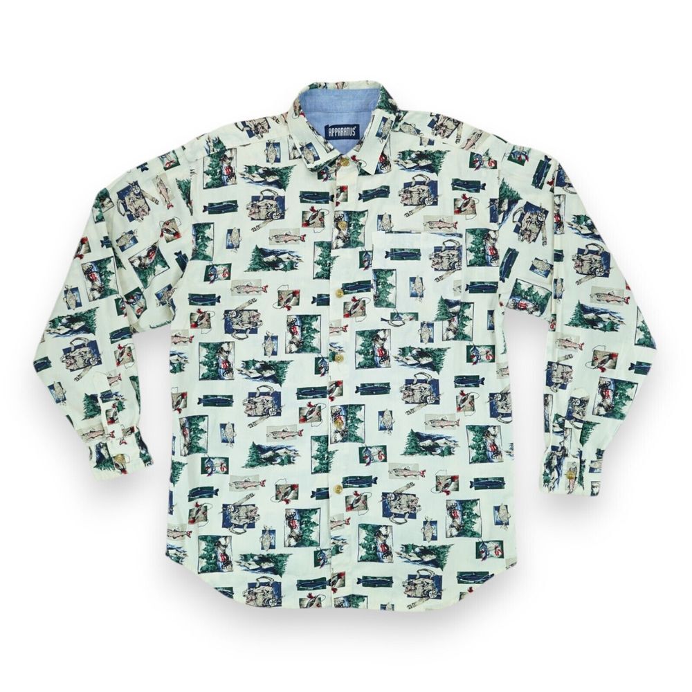 Vintage Apparatus Button Up Shirt Mens XL All‎ Over FISHING Print Long Sleeve